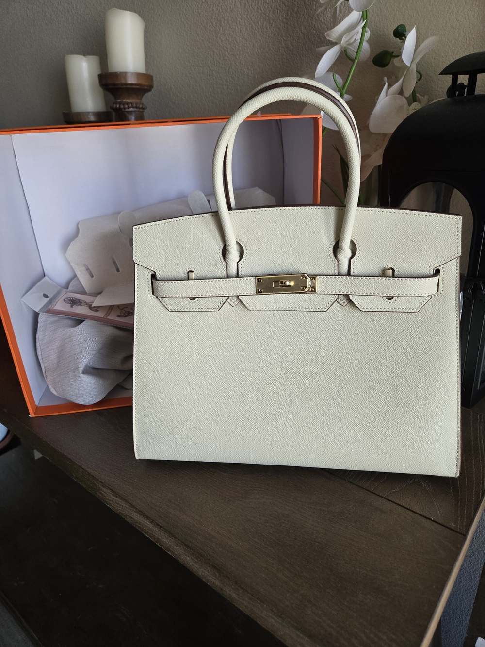 Cream Birkin-Structured Top-Handle Tote Bag with Gold Hardware